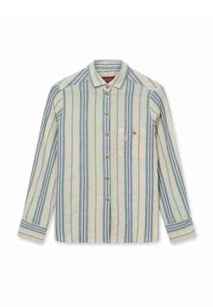 Koszula z długim rękawem na guziki z pionowymi niebiesko-beżowymi paskami i pojedynczą kieszenią na piersi na białym tle.