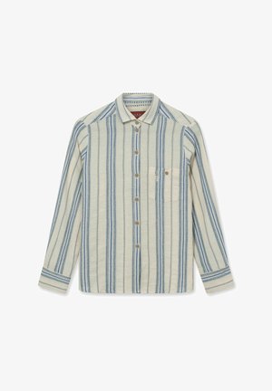 Hosszú ujjú, gombos ing kék és bézs függőleges csíkokkal, egyetlen mellzsebbel, fehér háttéren.