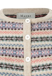 Beige Cardigan mit einem gemusterten Design aus blauen, lila, pinken und grünen Streifen. Holzknöpfe und Rippkragen-Detail.