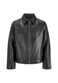 Schwarze Lederjacke mit spitzem Kragen, Frontreißverschluss und langen Ärmeln. Hat eine glatte Textur und ein einfaches Design. Keine zusätzlichen Verzierungen.