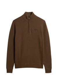 Maglione marrone a maglia con zip a quarto, dotato di colletto, polsini e orlo a coste, con un piccolo logo ricamato sul lato sinistro del petto.