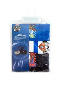 Set di tre slip per ragazzi in blu, bianco e nero, con stampe dei personaggi di Paw Patrol. Imballaggio in polybag con gancio per appenderlo.
