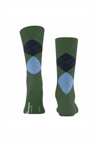 Calze in cotone verde con un motivo a rombi in blu navy e azzurro chiaro con dettagli rossi. Lunghezza alla caviglia con una parte superiore a costine. Taglia 42-46.