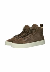 Brune nubuck høje sneakers med en hvid gummisyge, der har en rund tå, snørebåndsdesign og en bageste løftestrop.