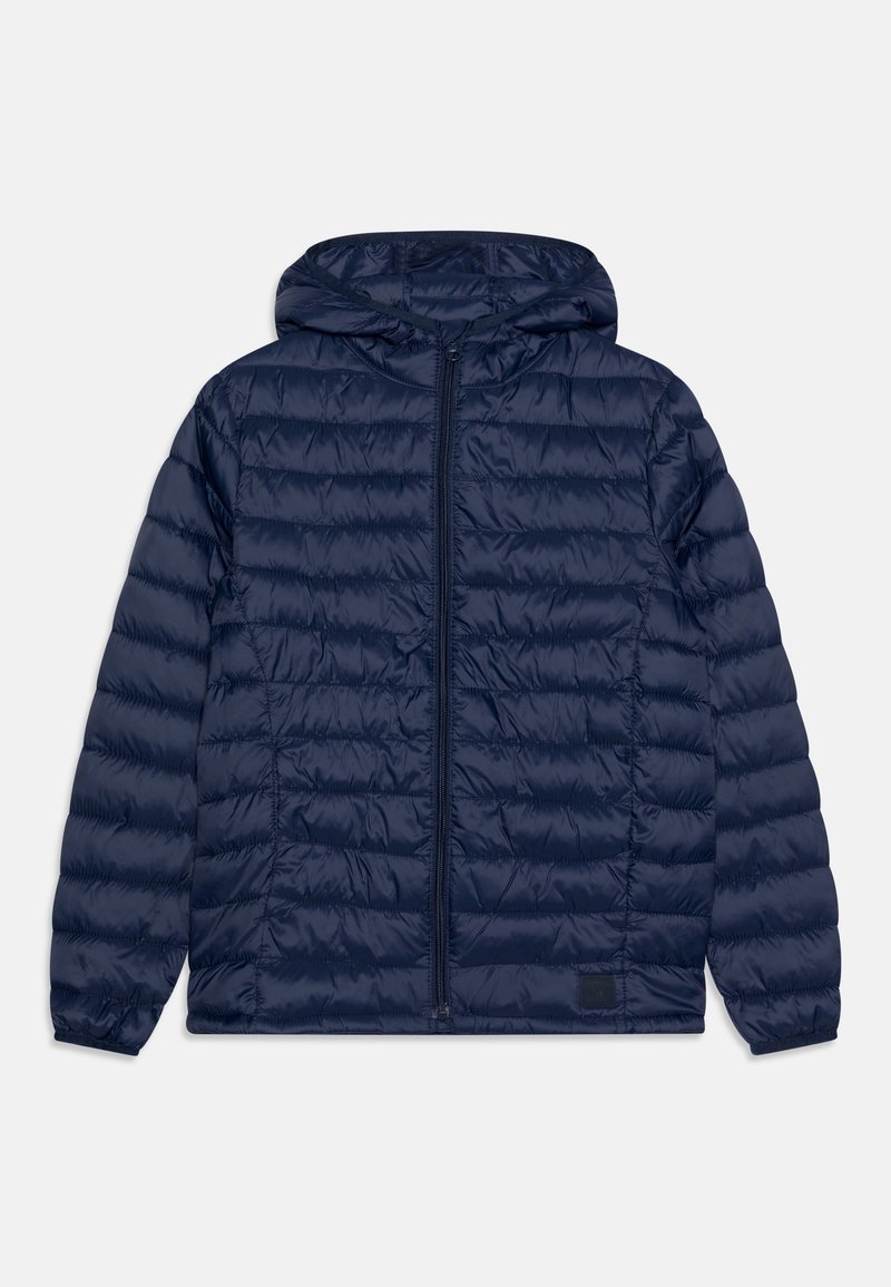 Giacca puffer blu navy con cappuccio, caratterizzata da un design trapuntato, cerniera frontale e polsini elasticizzati. Realizzata in materiale leggero e lucido.