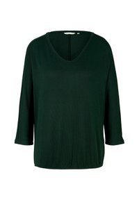 Ciemnozielony top w serek, wykonany z miękkiego materiału. Posiada rękawy o długości trzy czwarte i luźny krój z zaokrąglonym dołem. Prosty design, bez wzorów.