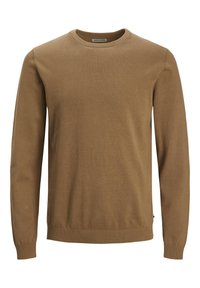 Brown sweater made of soft fabric, featuring a crew neck, long sleeves, ribbed cuffs and hem, with a simple, classic design.