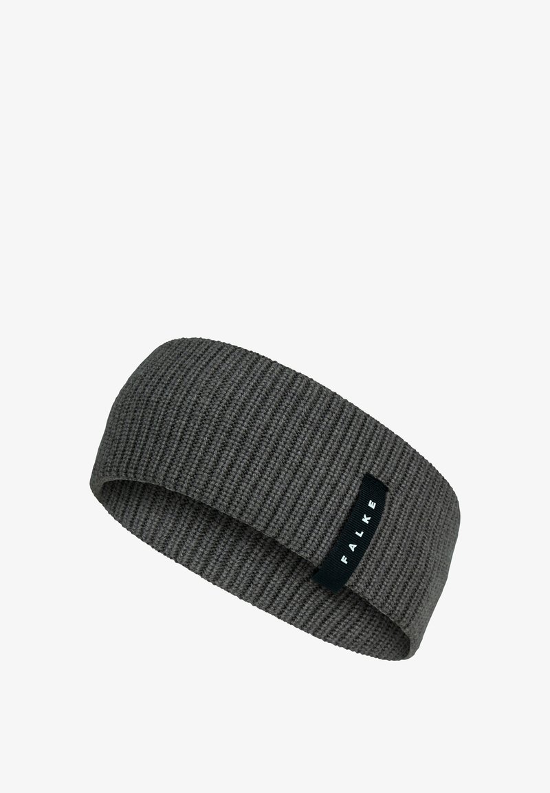 Donkergrijze gebreide haarband met een gestructureerd patroon en een zwart label met witte "FALKE" branding aan één kant.