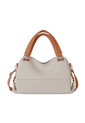 Cream-colored handbag with wide tan handles and detachable shoulder strap, featuring silver metal hardware and simple stitching details.