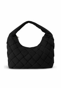 Schwarze gewebte Stofftasche mit einer einzigartigen gepolsterten Textur, runder Form und einem breiten Schultergurt, der auf einer Seite mit einem Reißverschlussverschluss ausgestattet ist.