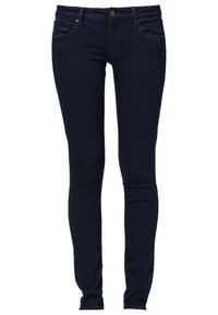 Vaqueros skinny azul oscuro de denim, con cinco bolsillos, cierre de botón de metal y detalles de costura mínimos.