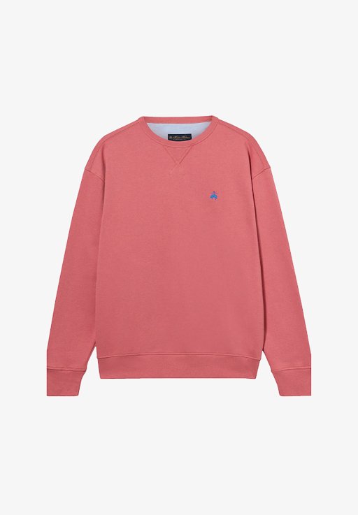 Sweat-shirt à manches longues et col rond en rose poudré avec poignets et ourlet côtelés, présentant un petit logo bleu brodé sur la poitrine.