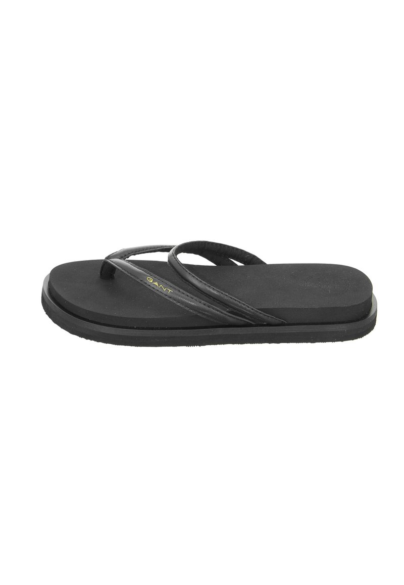 Black flip-flop featuring a textured rubber sole, thin strap design, and a subtle GANT logo in gold on the footbed.