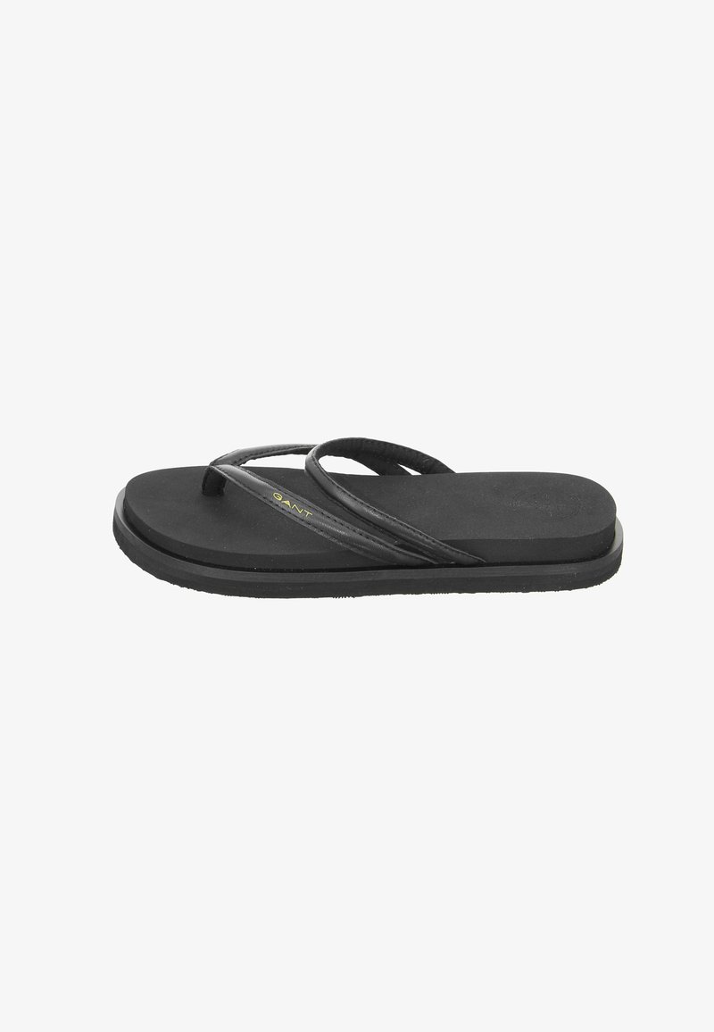 Black flip-flop featuring a textured rubber sole, thin strap design, and a subtle GANT logo in gold on the footbed.