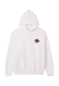 Hoodie bianco in cotone con tasca frontale e design di una rosa ricamata in rosso sul petto. Caratterizzato da un cappuccio con coulisse e polsini a coste.