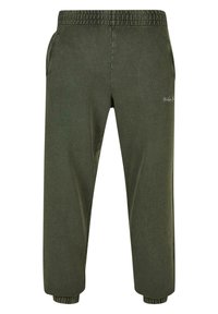 Olivengrønne sweatpants med elastisk talje, sidelommer og elastiske manchetter. Har diskret logo-broderi på forsiden.
