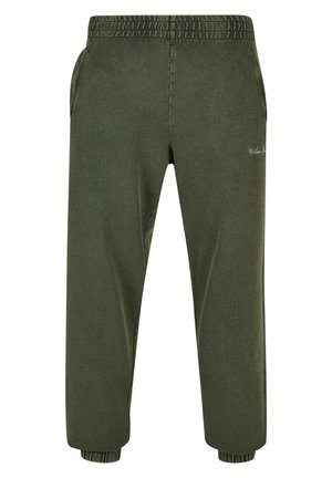 Maslinasto zelene trenirke s elastičnim pojasom, bočnim džepovima i elastičnim manžetama. Ima suptilan izvezeni logo sprijeda.