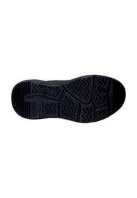 Suela de zapatilla negra con patrones texturizados y surcos para tracción, con un talón reforzado y una estructura de soporte para el arco.