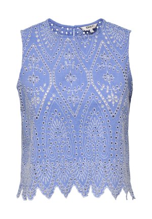 Top senza maniche di colore azzurro chiaro con motivi floreali ricamati, orlo a zigzag e bottoni decorativi al collo, realizzato in tessuto traspirante.