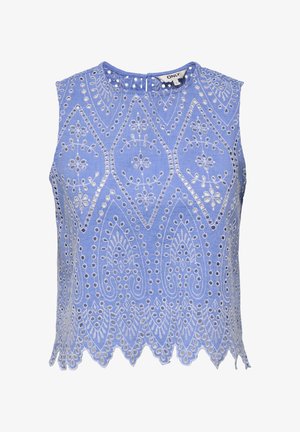 Helehelesinine ilma varrukateta pluus, millel on tikitud lillemustrid, sakilise äärisega ja dekoratiivsed nupud kaeluses, valmistatud hingavast kangast.