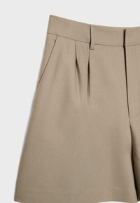 Beige high-waisted shorts met voorplooien, zijzakken, ceintuurlussen en een verborgen sluiting aan de voorkant tegen een neutrale achtergrond.