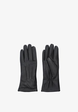 Czarne skórzane rękawiczki o gładkiej fakturze, z przeszyciami na wierzchu i elastycznym mankietem zapewniającym dopasowanie.