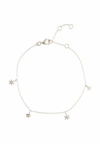 Delicate silver chain bracelet with four small star-shaped charms, two adorned with tiny clear crystals, and a lobster clasp closure.