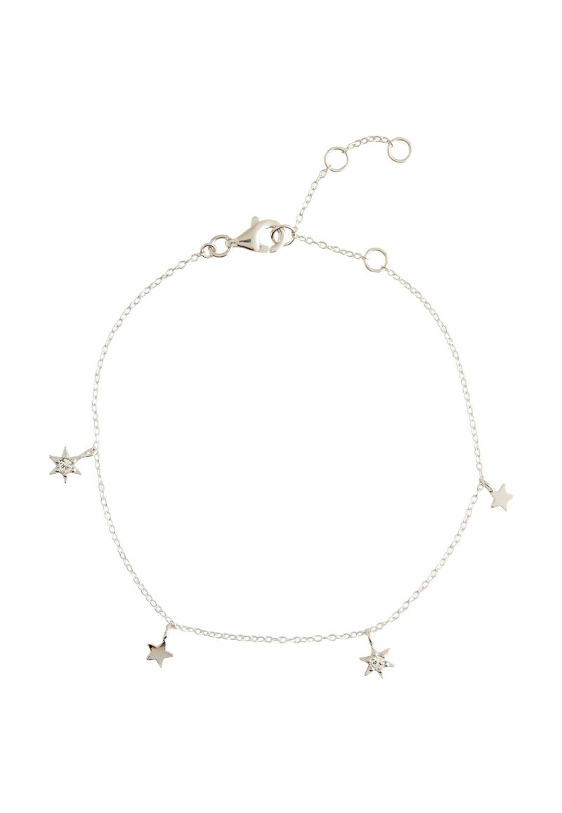 Delicate silver chain bracelet with four small star-shaped charms, two adorned with tiny clear crystals, and a lobster clasp closure.