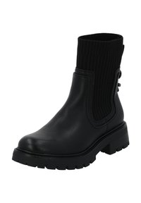 Černé kotníkové boty s texturovaným pleteným svrškem a hladkým koženým tělem, s chunky podrážkou a bočním elastickým panelem pro snadné obutí.