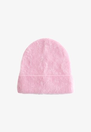 Pink knitted beanie hat with a ribbed texture and folded cuff, made from soft material; features a slight fuzziness and even color pattern.