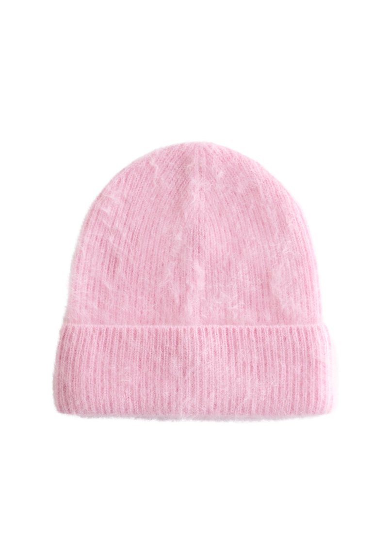 Pink knitted beanie hat with a ribbed texture and folded cuff, made from soft material; features a slight fuzziness and even color pattern.