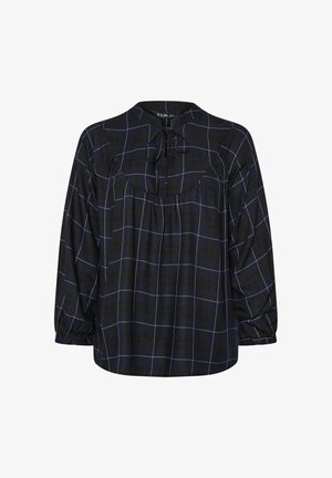 Marineblau kariertes Blusenshirt aus leichtem Stoff mit rundem Ausschnitt, Bindedetail, voluminösen langen Ärmeln und gerafftem Taillenbund.