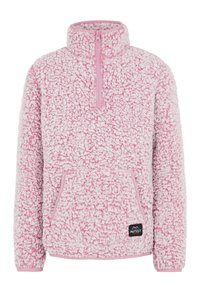 Pullover en polaire rose avec demi-fermeture éclair, surface texturée, poches latérales et patch logo sur le bas à l'avant. Le col et l'ourlet sont bordés de rose.