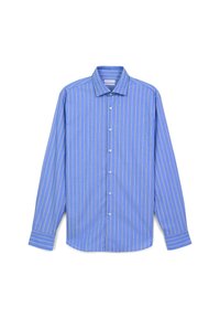 Camicia blu a maniche lunghe con bottoni, caratterizzata da strisce verticali bianche e gialle, colletto a punta e polsini con bottoni, distesa su una superficie piana.