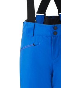 Pantalons imperméables bleus avec bretelles noires ajustables, deux boutons et une poche latérale zippée. Texture lisse et coupe ajustée.
