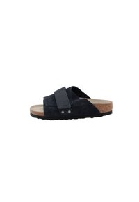 Black suede slide sandal with a wide strap and adjustable buckle, cork footbed, and textured rubber sole for grip.