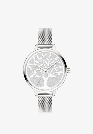 Zilveren horloge met een meshband, met een sprankelende witte wijzerplaat met een boomontwerp en eenvoudige zilveren wijzers. Inclusief s.Oliver branding.