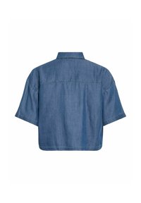 Vue de dos d'une chemise en denim bleu moyen à manches courtes avec col et ourlet droit.