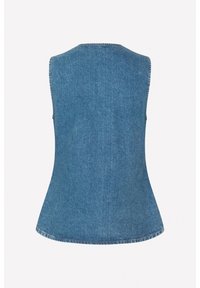 Top sans manches en denim bleu avec un décolleté arrondi, une coupe ajustée et une ourlet courbé. Le tissu présente une texture lisse et uniforme.