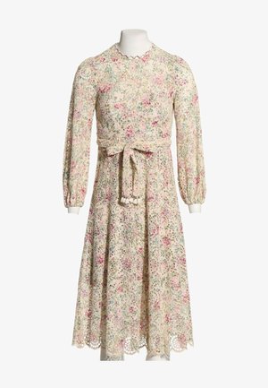Robe midi à manches longues avec motif en dentelle florale, ourlet festonné et ceinture nouée à la taille, dans des couleurs pastel douces.