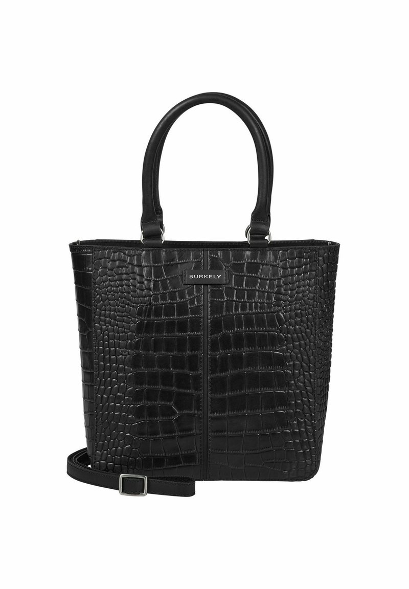 Bolso tote de cuero negro con embosado de cocodrilo, con dos asas superiores y correa de hombro desmontable. Presenta un logo sutil en la parte frontal.
