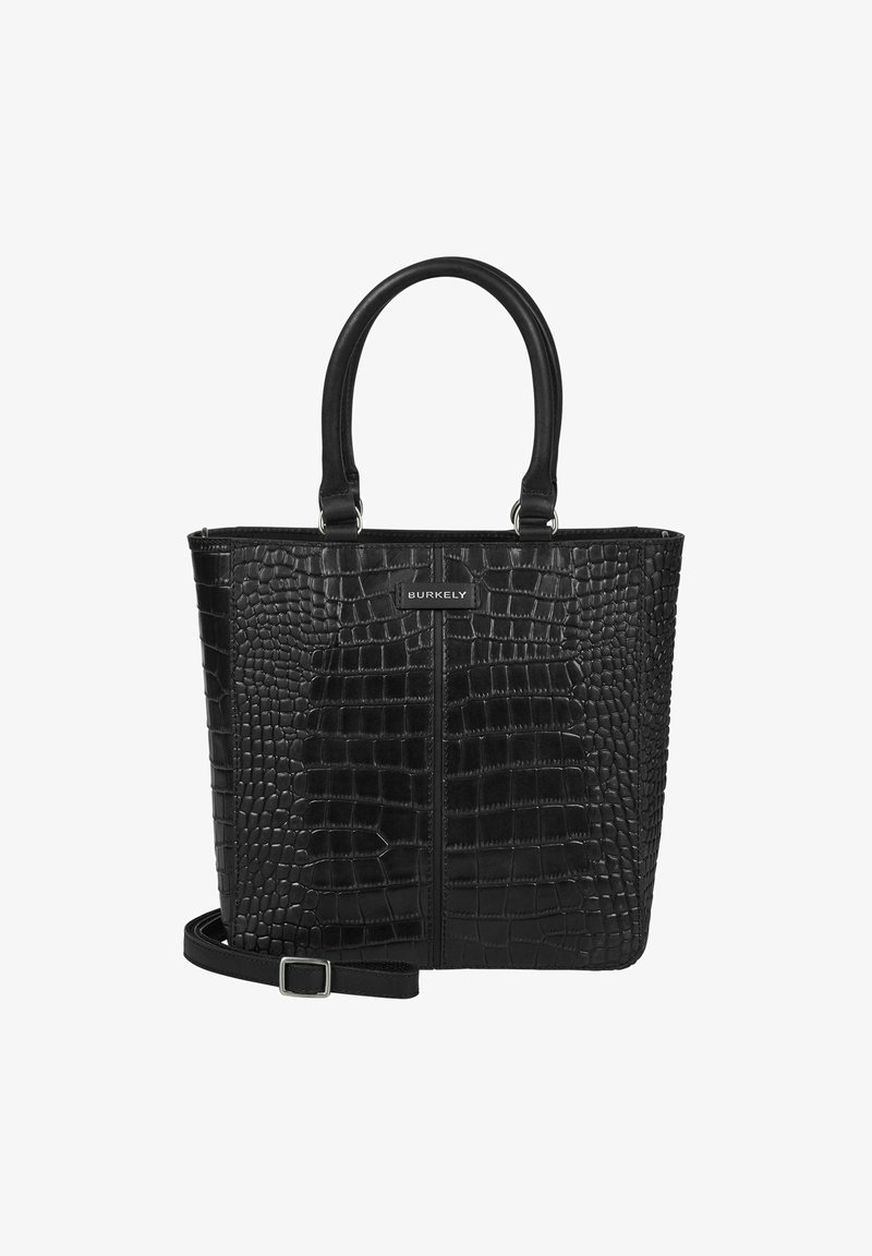 Borsa tote in pelle nera con effetto coccodrillo, dotata di due manici superiori e tracolla staccabile. Presenta un logo discreto sul davanti.