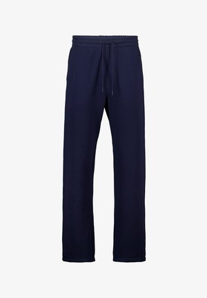 Pantalones de chándal azul marino hechos de una tela suave, con una cintura elástica y cordón, pierna recta y sin bolsillos.