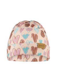 Light pink hat made of soft fabric, featuring a pattern of colorful hearts in blue, pink, and brown; folded hem with a logo tag.