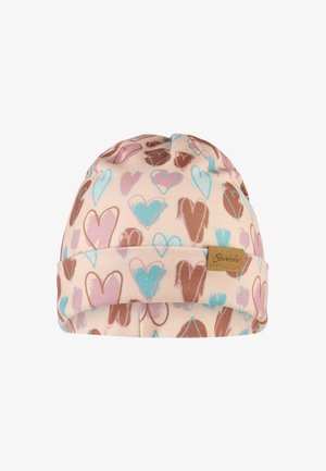 Light pink hat made of soft fabric, featuring a pattern of colorful hearts in blue, pink, and brown; folded hem with a logo tag.