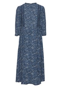 Abito maxi in tessuto blu scuro con stampa floreale, dettagli in pizzo lungo il collo e le maniche, e una vestibilità comoda.