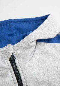 Zbliżenie szarej bluzy z kapturem na zamek błyskawiczny, z czarnym zamkiem i niebieską podszewką kaptura.