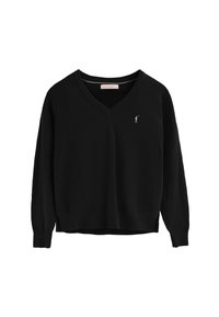 Maglione nero a V con maniche lunghe, tessuto a maglia testurizzato, una vestibilità rilassata e un piccolo logo ricamato sul lato sinistro del petto.