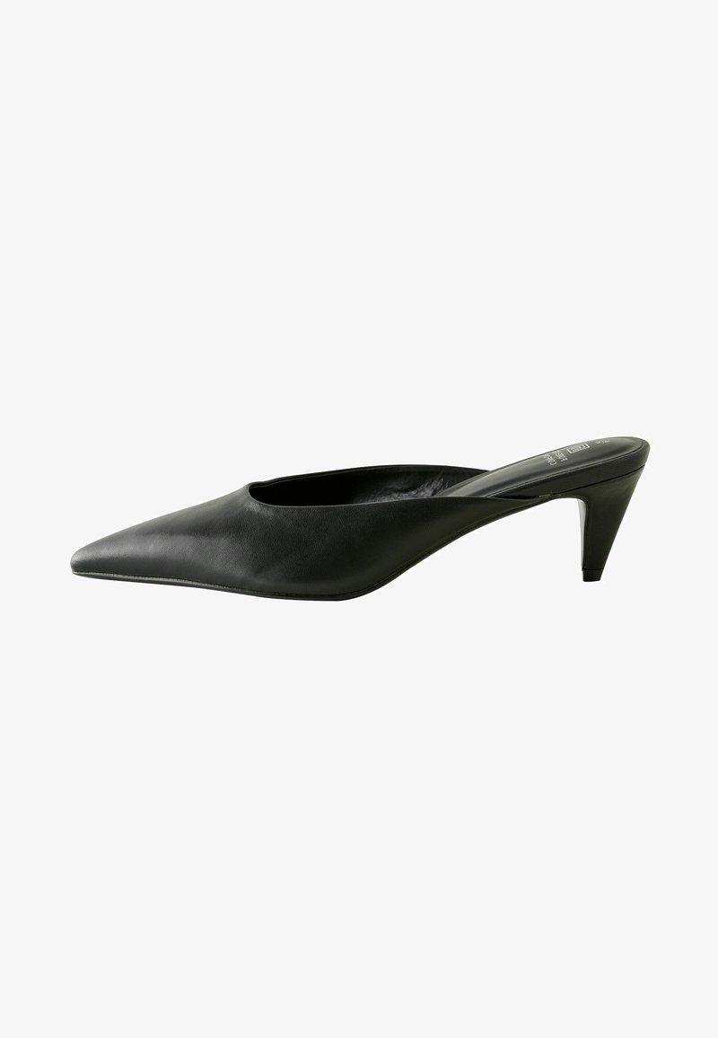 Black leather open-toe mules with a pointed toe, medium heel, and smooth texture. Simple, elegant design with no visible embellishments.