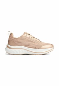Chaussure de course rose clair avec dessus en mesh, design texturé, col matelassé et semelle en caoutchouc blanche. Comprend une languette de traction à l'arrière pour faciliter l'enfilage.
